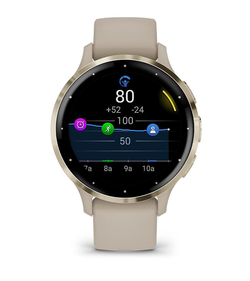 Garmin Venu 3S Soft Gold With French Gray Case and Leather Band